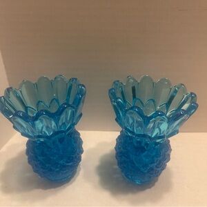 Vintage Aqua Blue Indiana Glass Pineapple candle stick holders